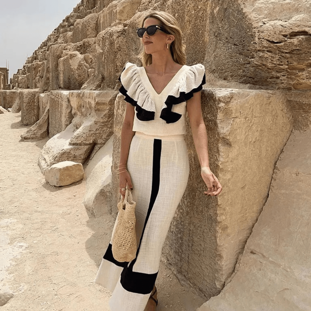 CONJUNTO BLUSA VOLANES Y FALDA LARGA