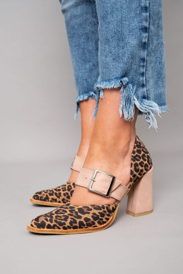 Selveta | Sandalias de leopardo de ante con tacones estables