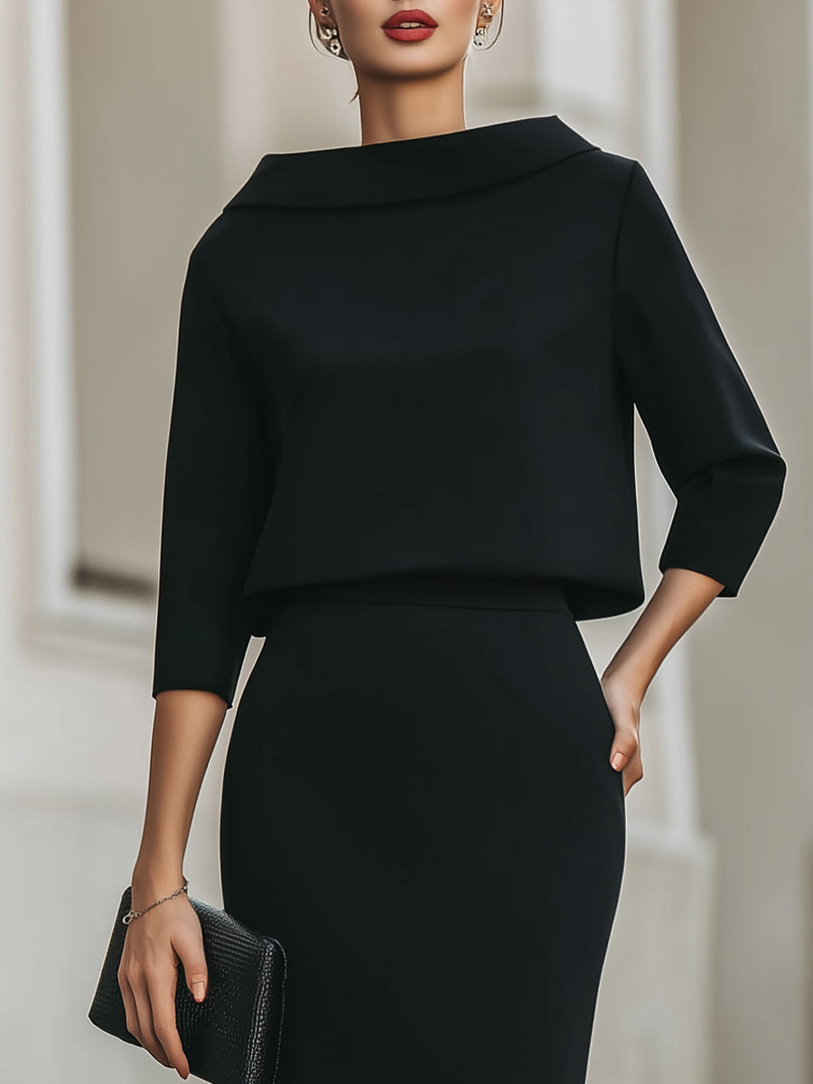 CONJUNTO TOP CUELLO BARCO Y FALDA RECTA MIDI