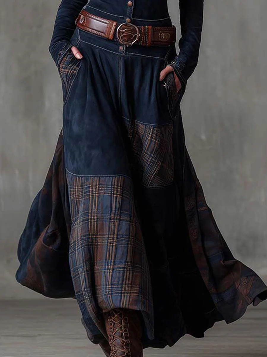 Leonora | Vestito lungo vintage in camoscio a quadri blu navy (Include Cintura)
