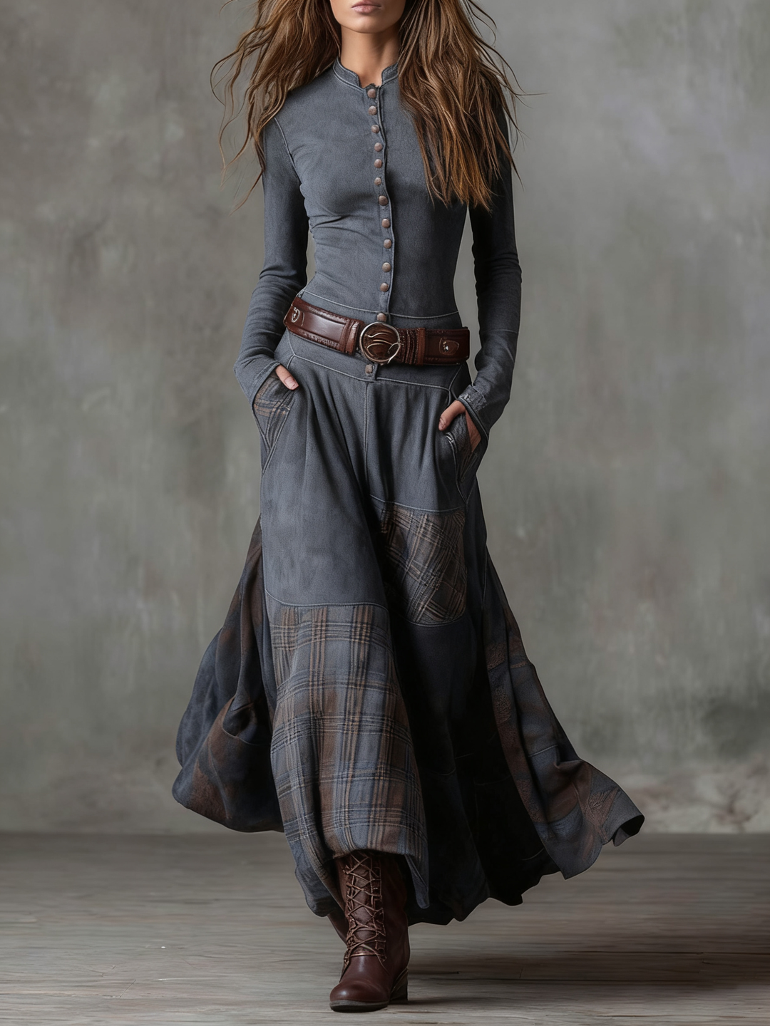Leonora | Vestito lungo vintage in camoscio a quadri blu navy (Include Cintura)
