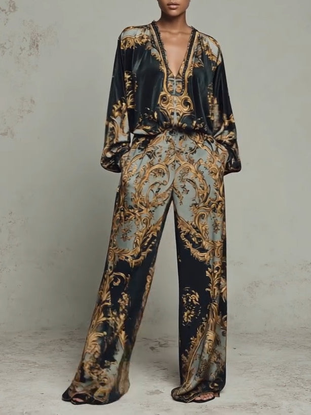 CONJUNTO BARROCO TOP MANGA LARGA PANTALÓN ANCHO