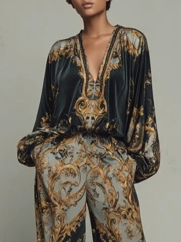 CONJUNTO BARROCO TOP MANGA LARGA PANTALÓN ANCHO